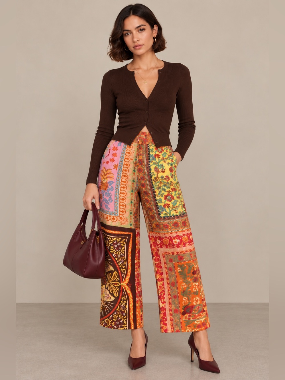 FARM Rio Multicolor Mixed Scarves Pants XL Boho Eclectic Maximalist